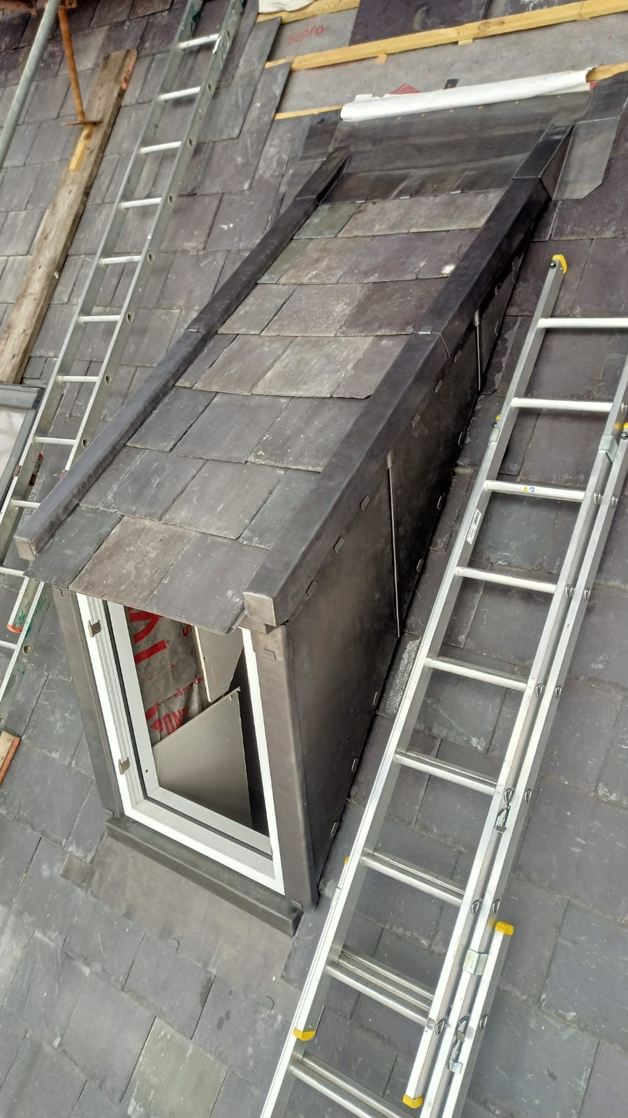 Leadwork detailing on a dormer roof in Le Hocq, Jersey
