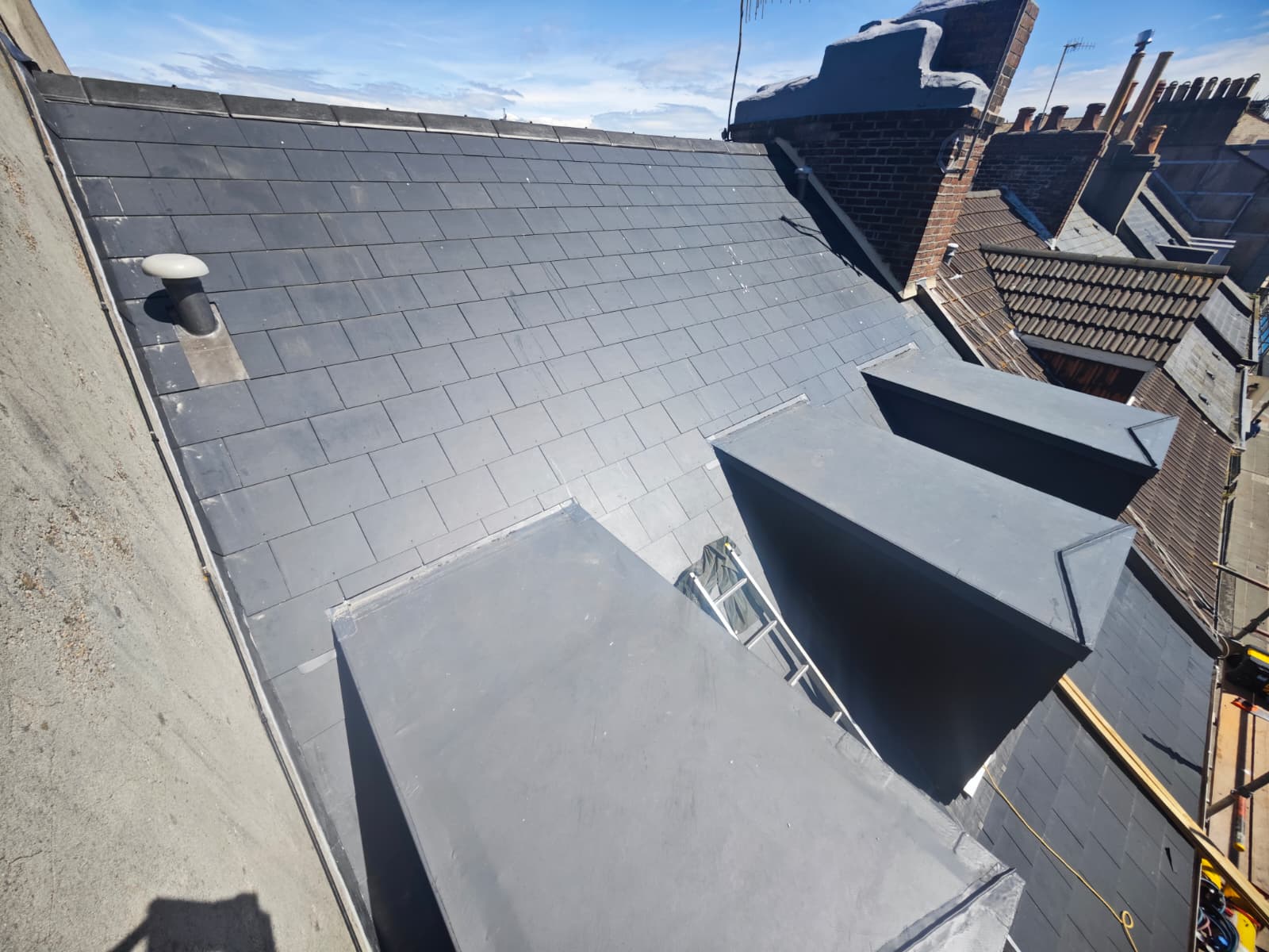 Cement fibre slate roof with leadwork dormers, David Place