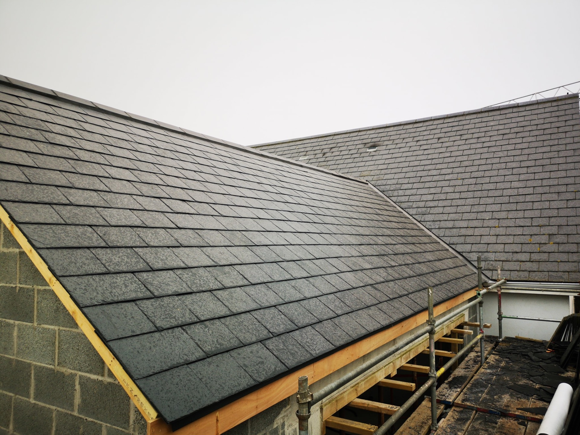 Wide angle of a freshly laid natural slate roof